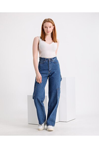 White Black Jeans Mavi Çift Kargo Cep Kemer Detaylı Yüksek Bel Salaş Likralı ...