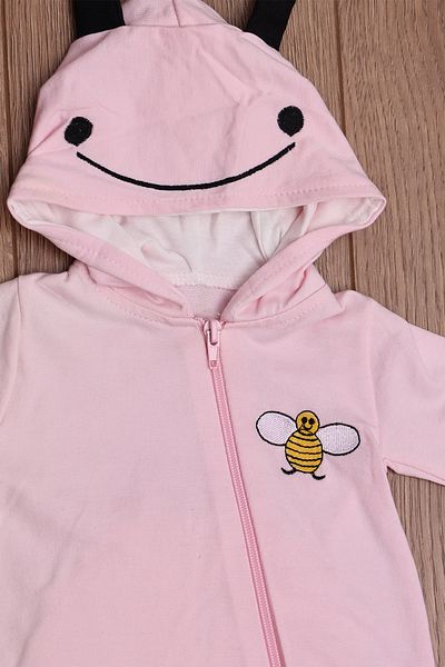 Mika Bebek & Çocuk Pink Baby Girl Hooded Seasonal Jumpsuit with Bee Figures and Wings