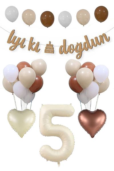 Atölye Mi Retro Kraft Balloon Set for 5 Years Birthday - Happy Birthday Banner, Cream and Sea Sand Coffee Balloon