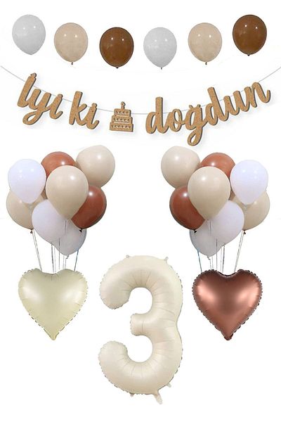 Atölye Mi Retro Kraft Balloon Set for 3 Years Old Birthday - Happy Birthday Banner, Cream and Sea Sand Coffee Balloon
