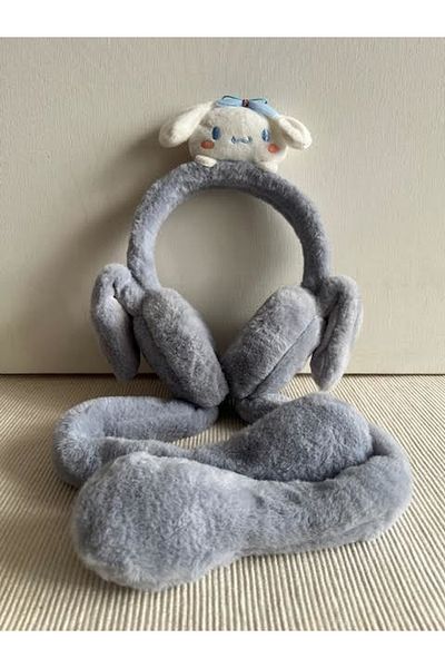 CosmoOutlet Gray Color Children's Earphone with Kuromi Figure Ears, Animated Cute Face, Plush Sound