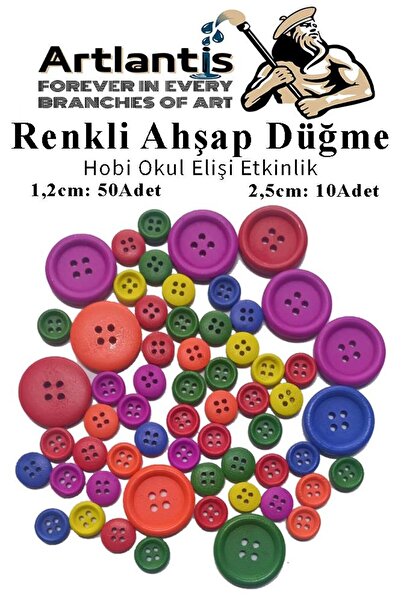 Artlantis Renkli Düğme Ahşap 60 Adet 1 Paket Okul Kreş Sanat Etkinlik Anasını...