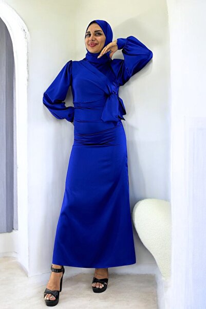 ALFUDO Moda Collection فستان سهرة حجاب من الساتان من Orlenda - فستان أزرق ساكس