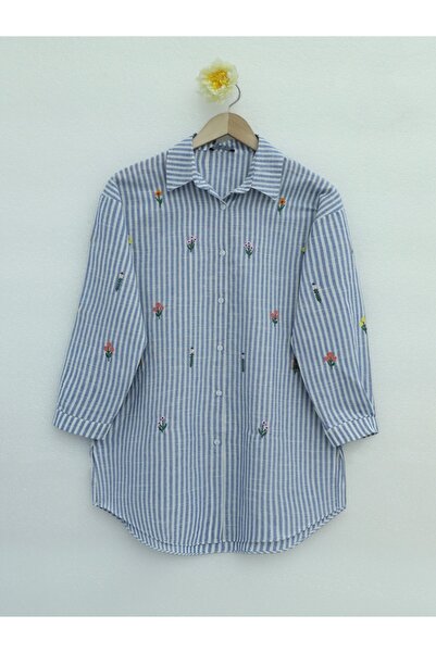 Modamorfo قميص كتان أزرق - تطريز وردي وخطوط