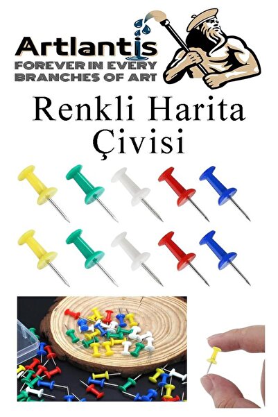 Artlantis Harita Çivisi Renkli 50 li 1 Paket Renkli Mantar Pano Raptiyesi Pano İğnesi Ofis Okul Büro Renkli Ha