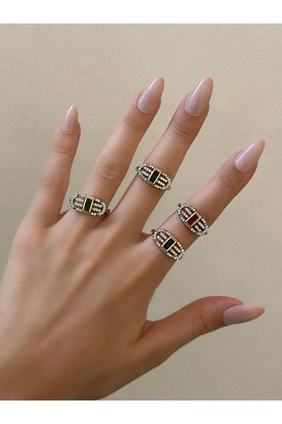 MyladyAccessoriess خاتم فولاذي بتفاصيل حجر الرغيف الفرنسي الملون باللون الأزرق الداكن