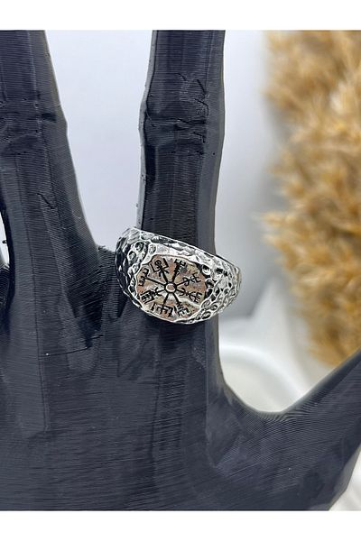 Yıldız Accessory Unisex Adjustable Steel Viking Carved Compass Vintage Gothic Cosplay Ring