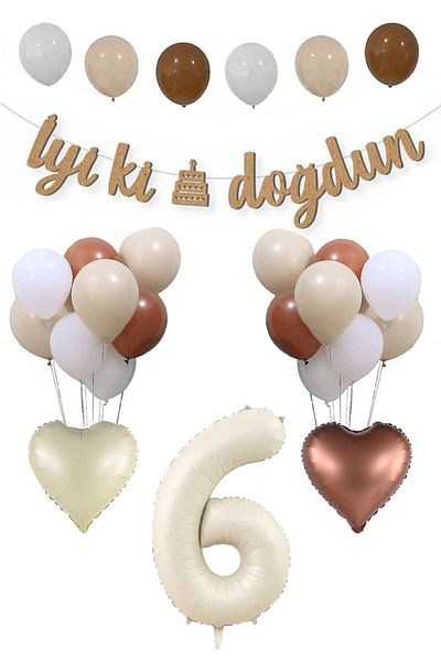 Atölye Mi Retro Kraft Balloon Set for 6 Years Old Birthday - Happy Birthday Banner, Cream and Sea Sand Coffee Balloon