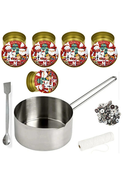 adin tasarım Yılbaşı Mum Yapım Seti Mum Eritme Kabı 750 ml Karıştırma Kaşığı Fitil Tutacağı Mum Kabı 5li Tavşanlı