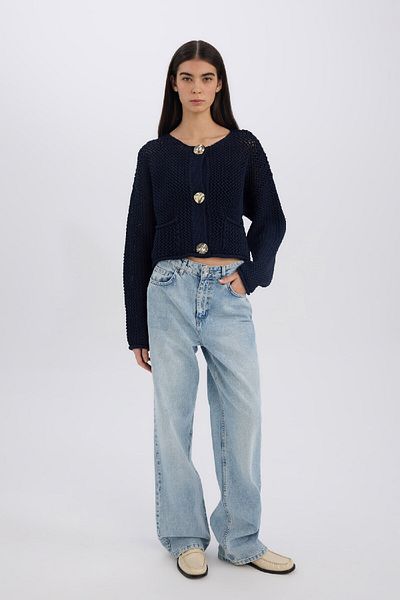 DeFacto Relax Fit Crew Neck Button Knitted Patterned Knitwear Cardigan E1962Ax24Wn