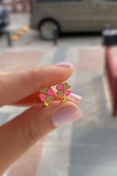 Erer Gümüş Gümüş pembe mineli yonca çocuk küpesi