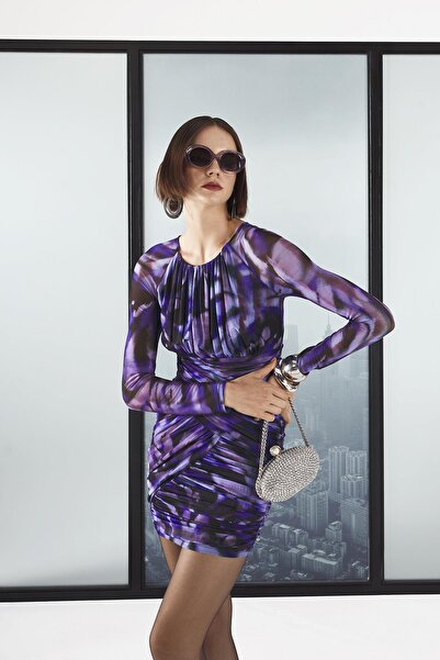 EXPLOSION Desenli Tül Büzgülü Dar Mini Elbise