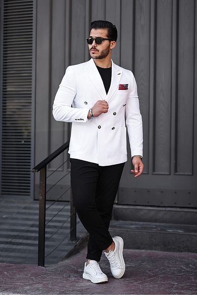 BERDA Italian Style Pointed Collar Bag Pocket Half Garni Lining Detail Double Breasted Single Jacket White