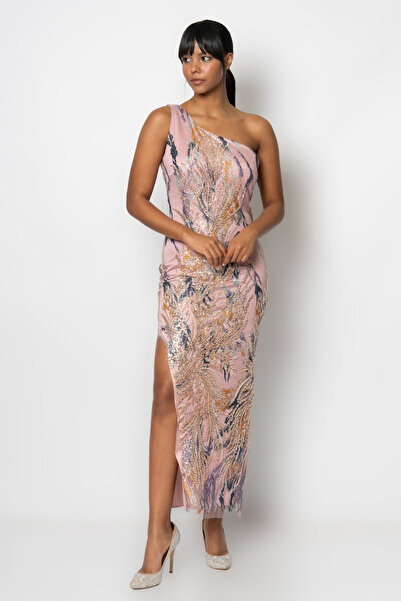 RENGIN Yandan bacak dekolteli boncuklu payetli tek omuz abiye elbise