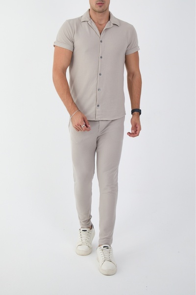 MCZ Men's Short Sleeve Slim Fit Slim Fit Shirt Collar Gray Shirt and Pipe Leg Pants Bottom Top Set