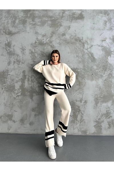 VOLT CLOTHİNG Gestreifter Strickanzug für Damen mit Hose