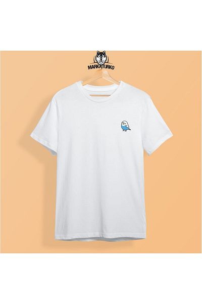 MarkaTurko Tricou unisex din bumbac pieptănat alb cu imprimeu Budgie 2405-b199