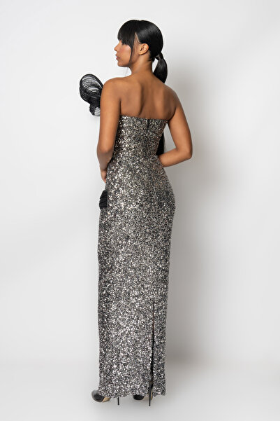 RENGIN Omuzdan beline pileli şifon detaylı payet abiye elbise