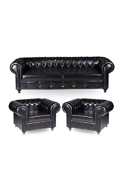 Home Koltukstilim Chester Siyah Deri Kanepe Takımı
