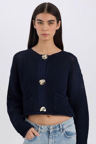 DeFacto Relax Fit Crew Neck Button Knitted Patterned Knitwear Cardigan E1962Ax24Wn