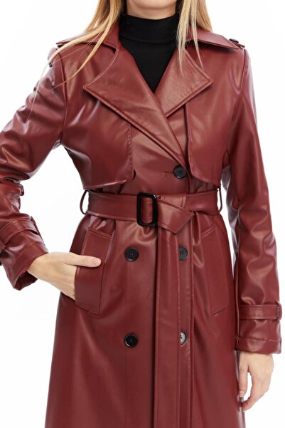 Jamila Çift Cepkenli Uzun Boy Deri Trençkot