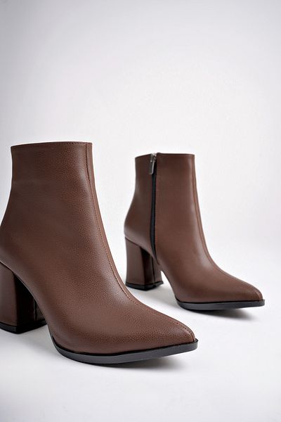 MARSHETTA Legend Model Καφέ Γυναικείες Μπότες με Μυτερές Μύτες με Χοντρό Τακούνι Πλαϊνό Φερμουάρ