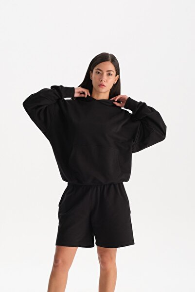 Kadın Siyah %100 Organik Pamuk Kanguru Cepli Kapüşonlu Oversize Sweatshirt