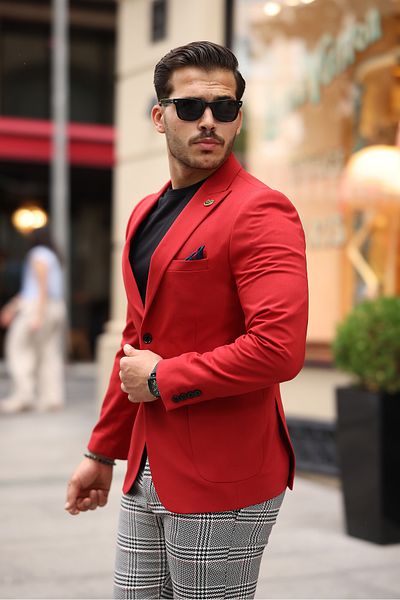 BERDA Premium Red Men's Single Jacket - Bag Pocket, Half Garni Lining, Pointed Collar