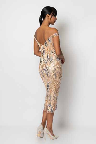 RENGIN Prenses yaka omuzlarından bant askılı boncuklu abiye elbise