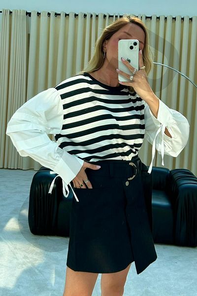 Qaju Sleeve Detailed Long Sleeve Striped Blouse 100% Cotton