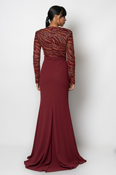 RENGIN Göğüs dekolteli üstü simli desenli krep abiye elbise