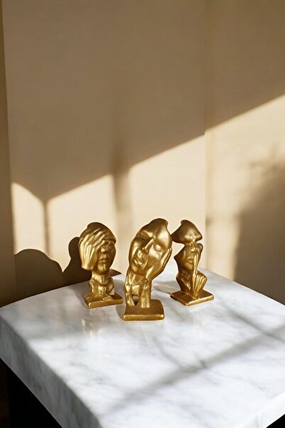 Evene Biblo Dekoratif Obje Heykel Üç Maymun Biblo Dekoratif Süs Eşyası Altın Renk Model 31