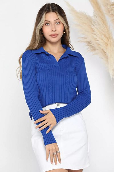 GÜLSELİ Γυναικεία πλεκτή μπλούζα με λαιμόκοψη Saks Blue