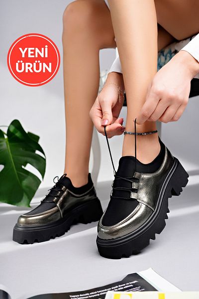 Marshetta Shoes Model Flex Scuba Diving Țesătură Detaliată Platină Argintiu Piele lacuită șifonată Pantofi de damă cu șireturi