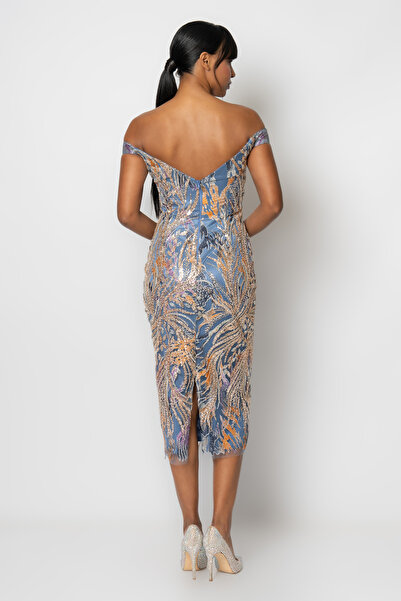 RENGIN Prenses yaka omuzlarından bant askılı boncuklu abiye elbise