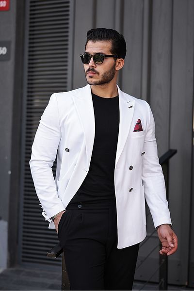BERDA Italian Style Pointed Collar Bag Pocket Half Garni Lining Detail Double Breasted Single Jacket White