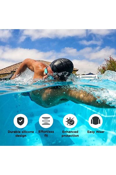 Endless Silicon Swimming Cap | Ergonomic Ear Pockets | Waterproof | Black | Free Size