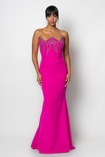 RENGIN Göğsü taş yapıştırmalı straplez krep abiye elbise