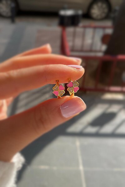 Erer Gümüş Gümüş pembe mineli yonca çocuk küpesi