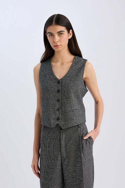 DeFacto V-Neck Checked Button Blazer Vest D8634Ax24Au