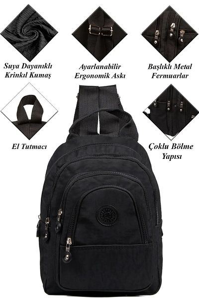 Av A Dos Unisex Black Crinkle Backpack - Πολλαπλών Διαμερισμάτων, Casual Multi-Eye, Αδιάβροχο