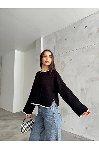 charm butik Pulover de damă din tricotaje cu fante laterale cu detaliu de broderie