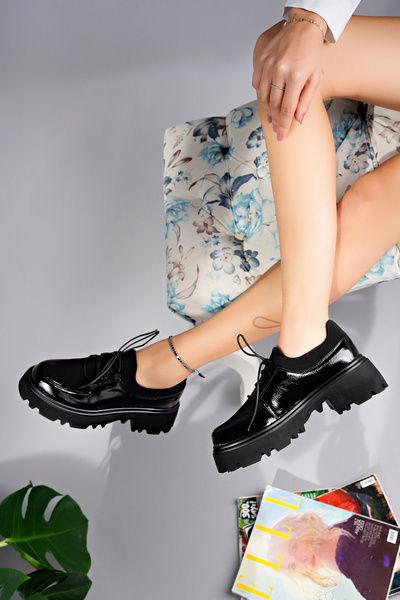 MARSHETTA Flex Model Scuba Dalgıç Kumaş Detaylı Siyah Kırışık Rugan Bağcıklı Kadın Loafer Ayakkabı