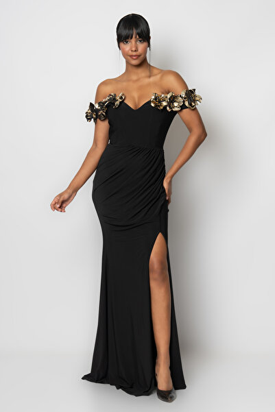 RENGIN Omuzları üç çiçekli belden pileli örme abiye elbise