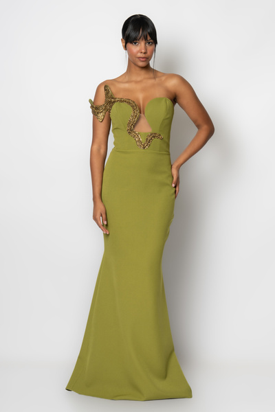 RENGIN Belinden omzuna taş aksesuarlı göğüs dekolteli krep abiye elbise