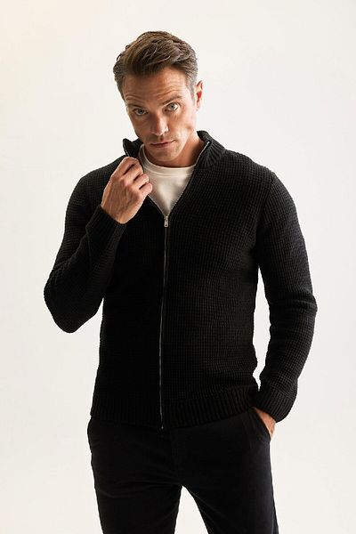 DeFacto Waffel-Cardigan mit normaler Passform, halber Rollkragenpullover und Reißverschluss, R1195azns