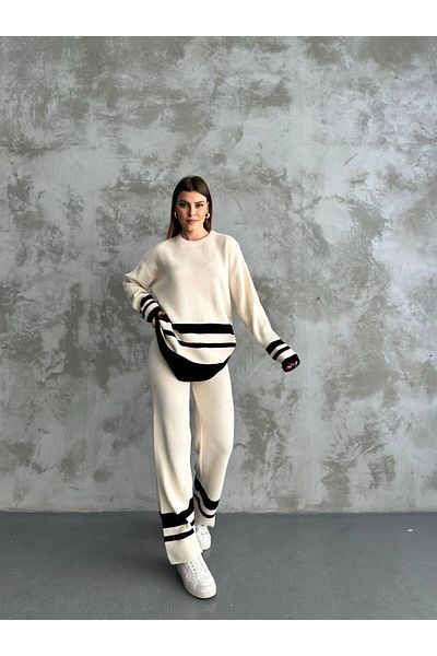 VOLT CLOTHİNG Gestreifter Strickanzug für Damen mit Hose