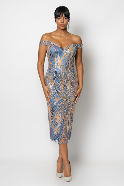 RENGIN Prenses yaka omuzlarından bant askılı boncuklu abiye elbise