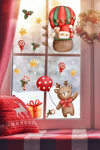 Grafikup Crăciun Teddy Bear și baloane Sticker de perete din sticlă Set