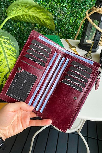 Modica Mannu - Elite Serie Real Leather Long Wallet with Hand Band, Claret Red and Coin Compartment